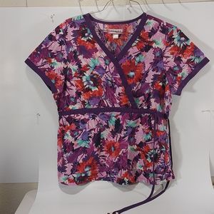 Koi Women's Purple and Pink Scrubs Top. szL